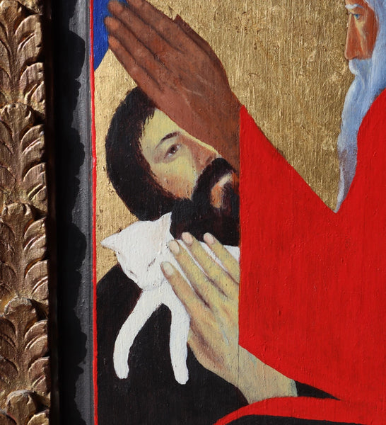 Vintage Framed Oil on Panel Painting of St Francis with Cat by Paul Bruylant