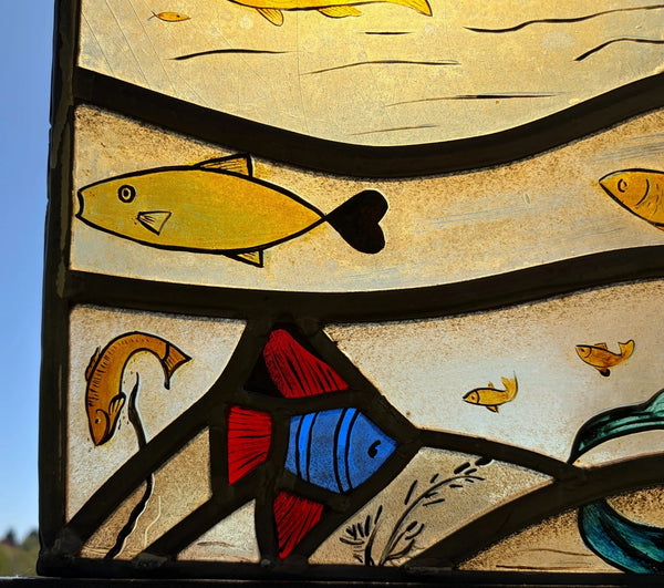 Vintage Dutch Stained/Leaded Glass Panel by Lea Steppe Sea Life Themed