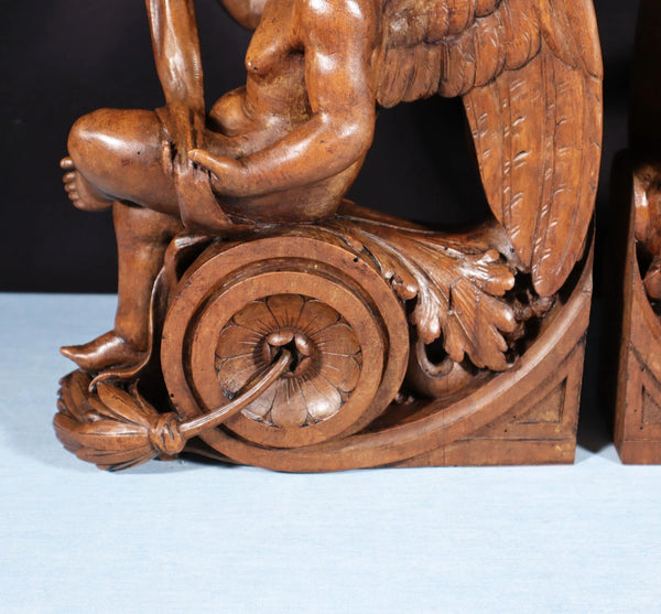 13" Tall Pair of French Antique Solid Walnut Wood Highly Carved Cherubs