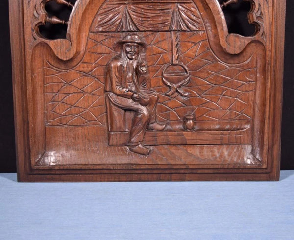 Antique French Breton Panel Brittany in Solid Chestnut Wood with a Man