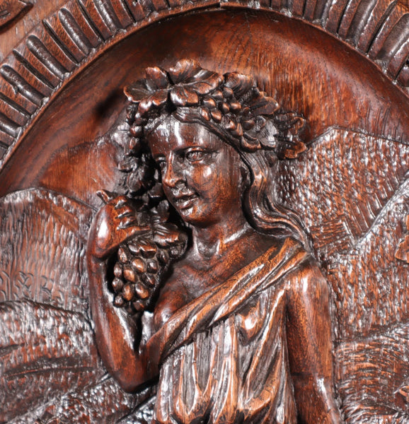 24" Tall Antique French Solid Oak Panel Highly Carved Harvest Theme w/Woman