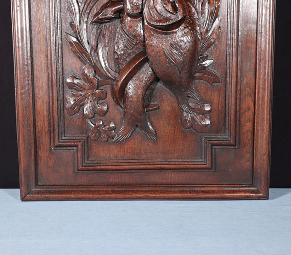24" Tall French Antique Solid Oak Panel Highly Carved Hunting Theme with Fish