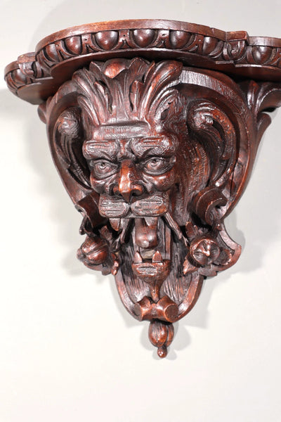 Pair of Large French Antique Lion Wall Sconces/Shelves in Solid Oak and Chestnut