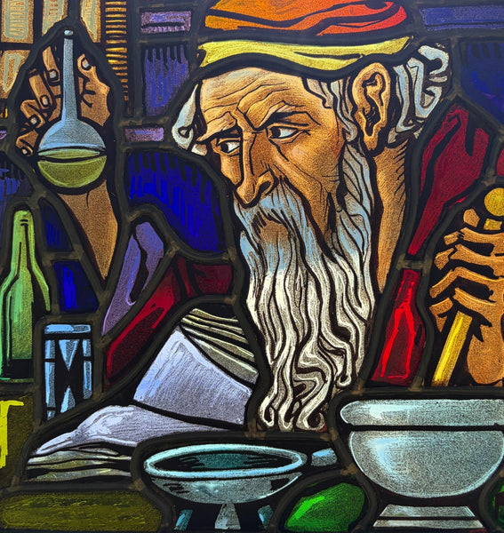 13" Tall Vintage Belgian Stained/Leaded Glass Panel Of an Alchemist by AR 1956