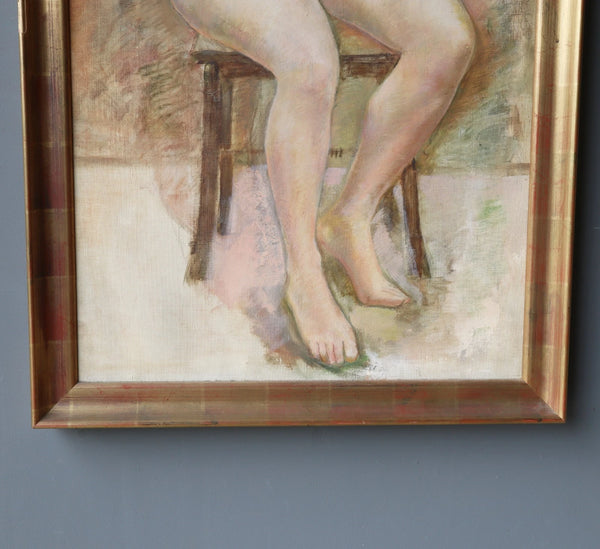 Large Framed Vintage Oil on Canvas Painting of a Nude Woman