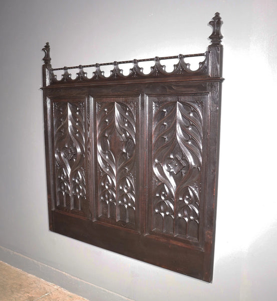 Antique French Neo Gothic Queen Sized Headboard in Solid Chestnut Wood