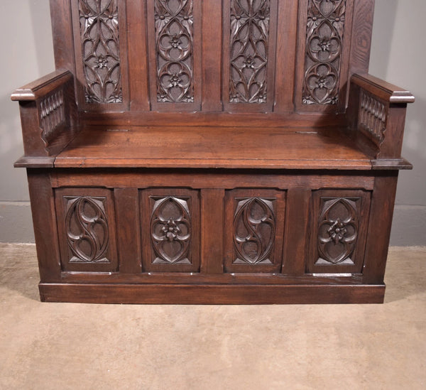 Antique French Gothic Revival Oak Wood Bench/Settee/Chair Highly Carved
