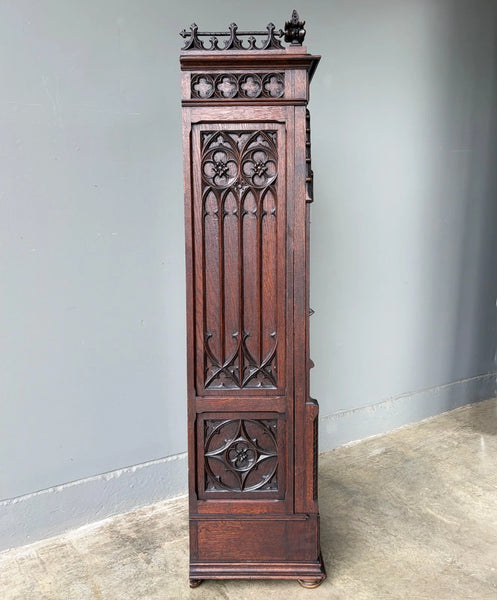 67" Tall French Antique Gothic Cabinet in Solid Oak Highly Carved Wood