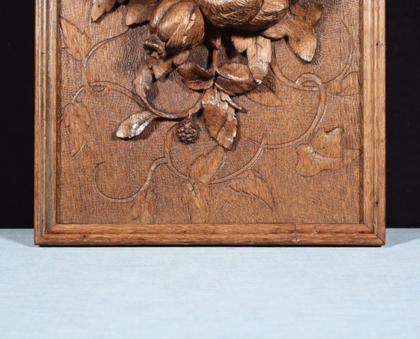 14" Tall French Antique Solid Oak Panel Highly Carved Harvest Theme