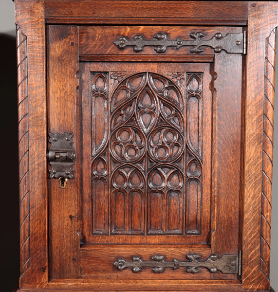 50" Tall Pair of Vintage French Solid Oak Wood Highly Carved Gothic Cabinets
