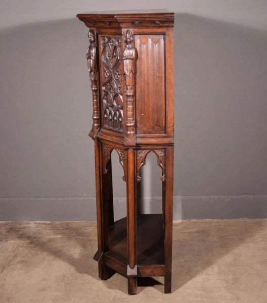 Vintage French Gothic Revival Cabinet/ Console/ Sideboard, Highly Carved Oak Wood