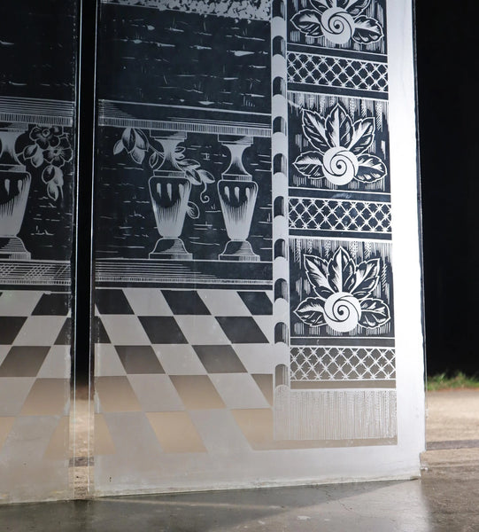 48" Tall Pair of Antique French Etched Glass Windows Frosted Glass with Birds