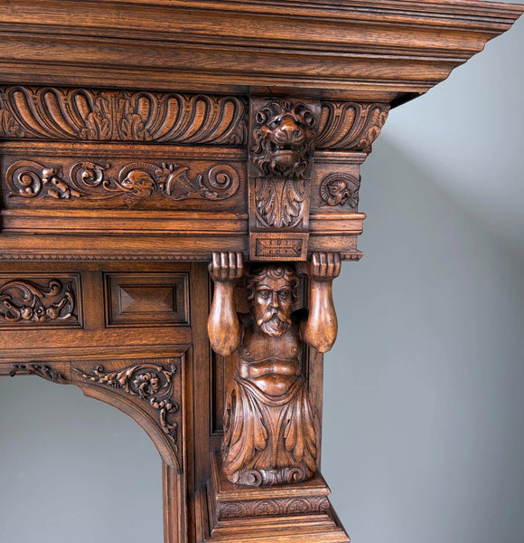 XL Vintage Renaissance Revival Oak Fireplace Surround/Mantel w/Carved Figures