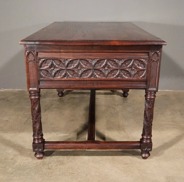 French Antique Gothic Revival Desk with Chair in Solid Carved Chestnut Wood