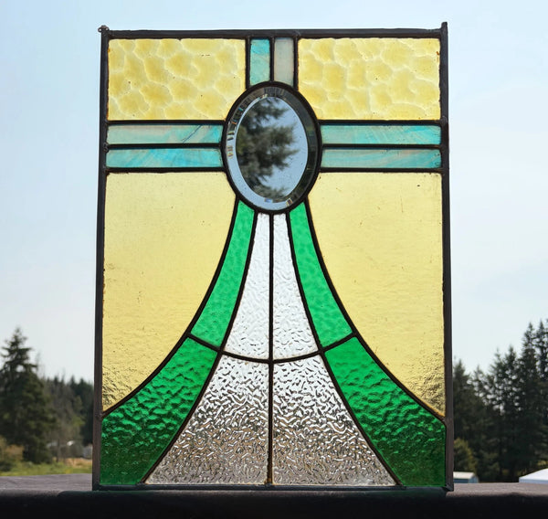 18" Tall Antique French Stained Glass Panel with Leaded Glass, Window, Hanging