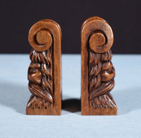 Pair of 3" Tall French Antique Highly Carved Heads in Solid Walnut Wood Trim