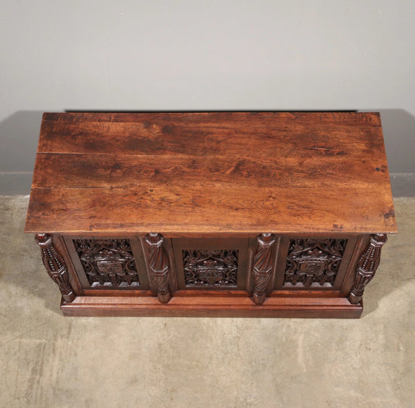 Antique French Gothic Chest/Trunk in Solid Oak Wood With Detailed Carvings