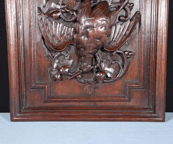 24" Tall French Antique Solid Oak Panel Highly Carved Hunting Theme with Bird