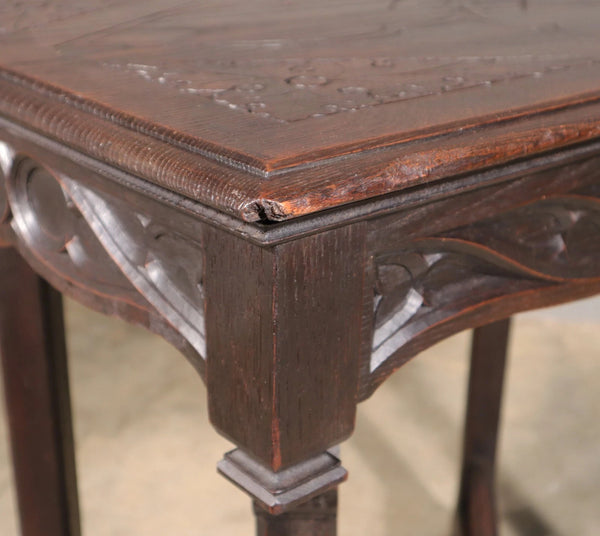 Antique French Gothic Revival Table in Solid Chestnut Wood With Carvings