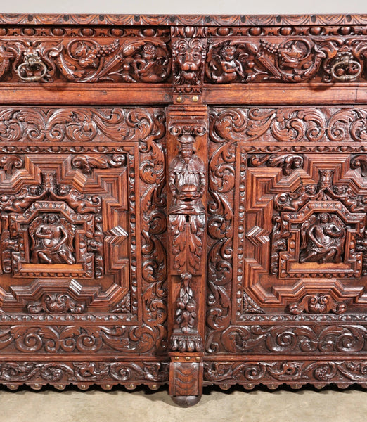 1700's Antique French Renaissance Sideboard in Solid Wood Oak Highly Carved