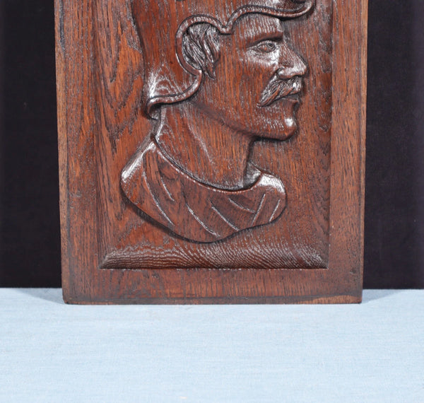 12" Tall Antique French Solid Oak Wood Hand Carved Portrait Profile of a Man