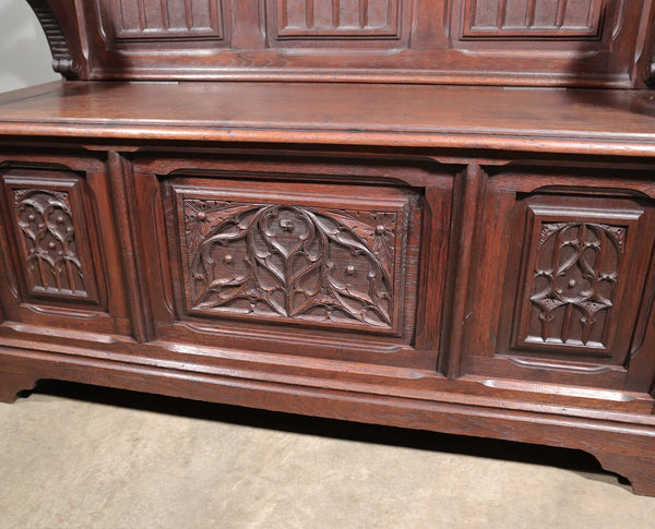 72" Tall Antique French Gothic Revival Oak Wood Bench/Settee/Chair Highly Carved