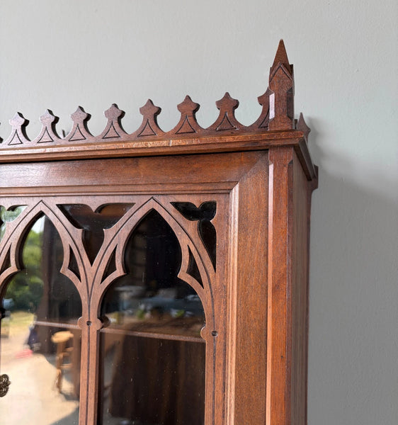 French Antique Gothic Revival Solid Oak and Walnut Wood Bar or Wall Cabinet