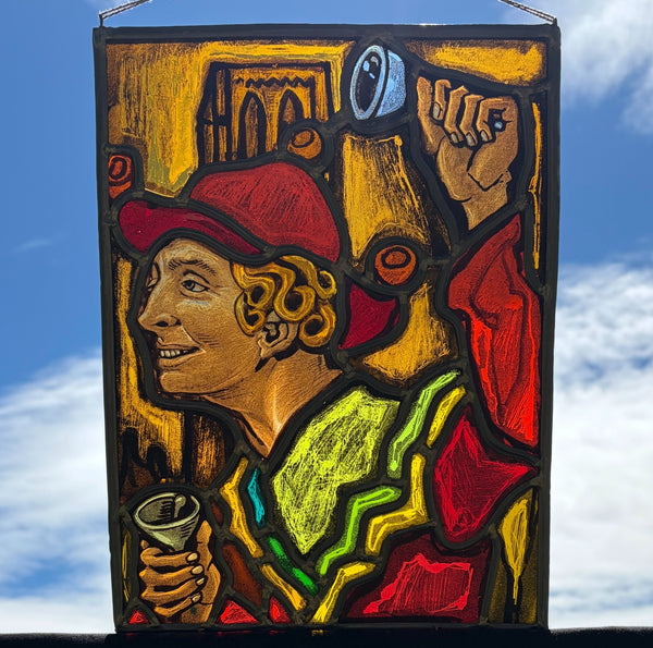 13" Tall Vintage Belgian Stained/Leaded Glass Panel of a Man with Bells