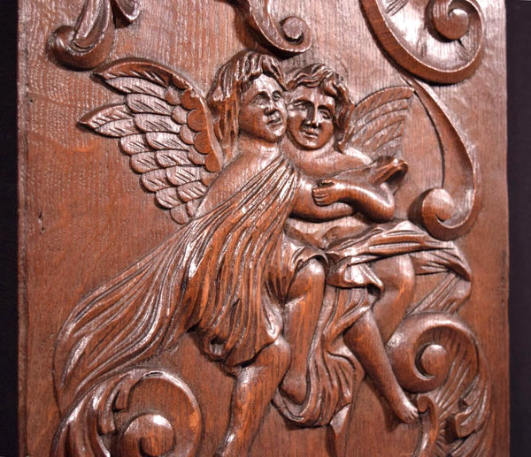 49" Tall French Antique Deep Carved Louis XV Panel Solid Oak Wood with Cherubs