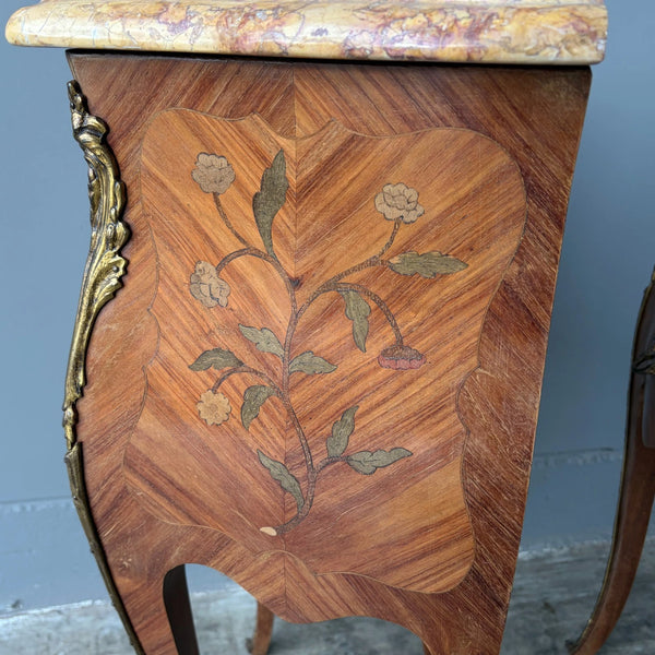 Pair of 30" Tall Antique French Louis XV Inlayed Nightstands with Marble Tops