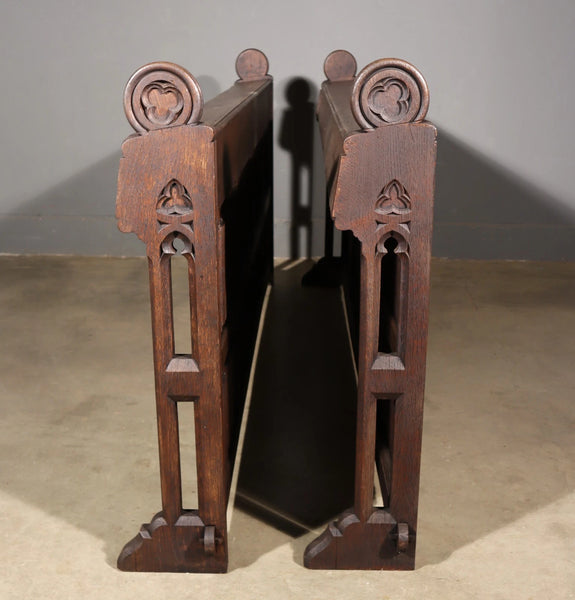 Pair of 79" Long Antique Gothic Revival Solid Oak Wood Prayer Church Rails