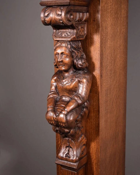 82" Large Vintage Renaissance Revival Oak Fireplace Surround/Mantel w/Figures