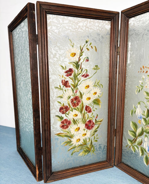 21" Tall Antique French Hand Painted Folding Glass Screen with Flowers