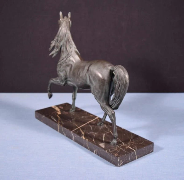 12" Tall Antique French Spelter Life Like Horse Statue with Black Marble Base