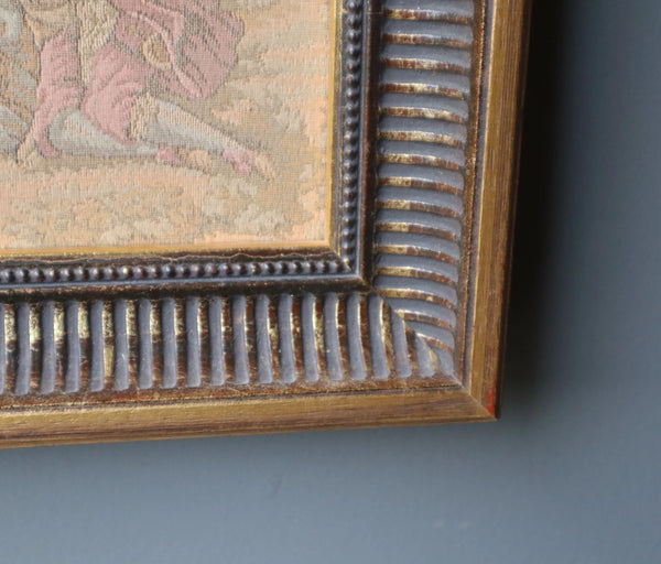12" Antique French Framed Tapestry of a Courting Scene in Rococo Style