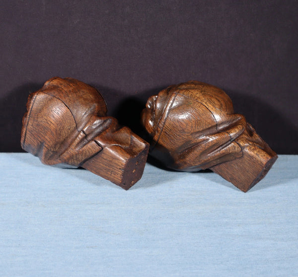 Pair of 4" Tall French Antique Highly Carved Heads in Solid Oak Wood Trim Pieces