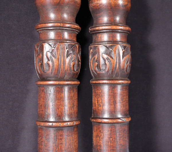 Pair of 27" Vintage French Solid Oak Wood Gothic Posts/Pillars/Columns