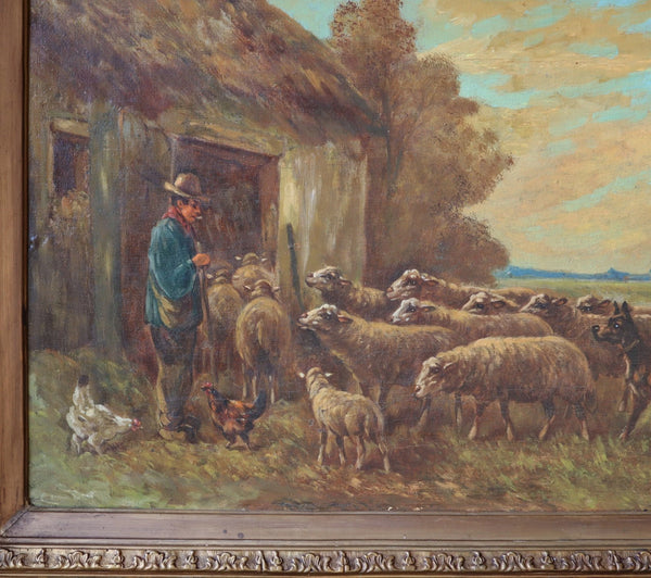 Antique Oil on Canvas Painting of a Farmer & Sheep by Paul Schouten (1860-1922)
