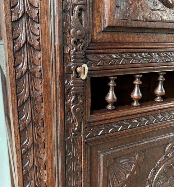 71" Tall French Antique Breton Cabinet in Solid Chestnut Wood w/Carved Figures