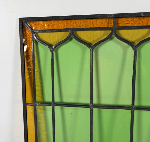 39" Wide Antique French Stained Glass Window Panel with Green & Yellow Glass