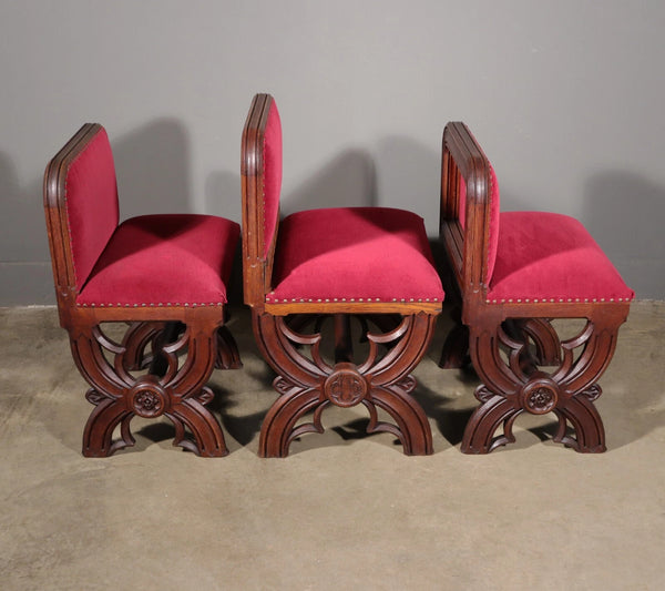 Antique Gothic Priest's Pulpit/Sanctuary Chair Set In Solid Oak and Red Velvet