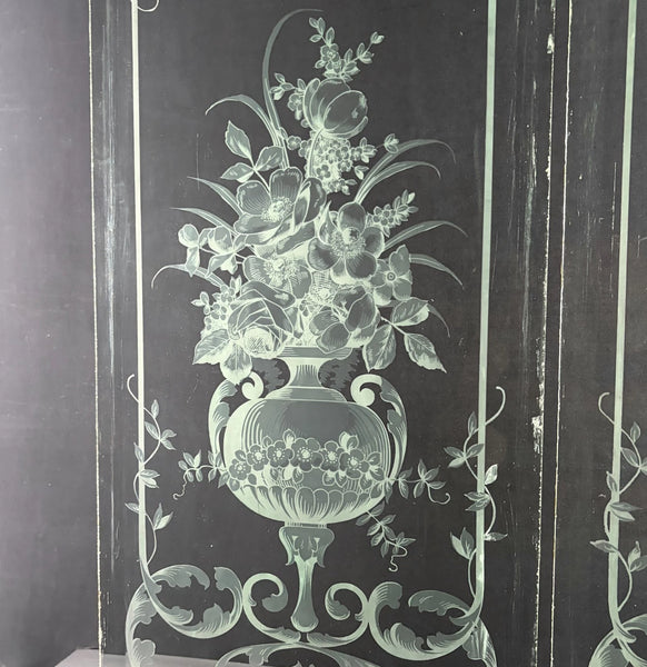 47" Tall Pair of Antique French Etched Beveled Glass Windows Frosted Glass