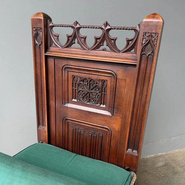 74" Long French Antique Neo Gothic Day Bed Solid Walnut with Green Silk Cushions