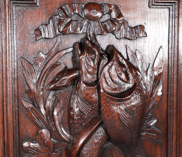 24" Tall French Antique Solid Oak Panel Highly Carved Hunting Theme with Fish
