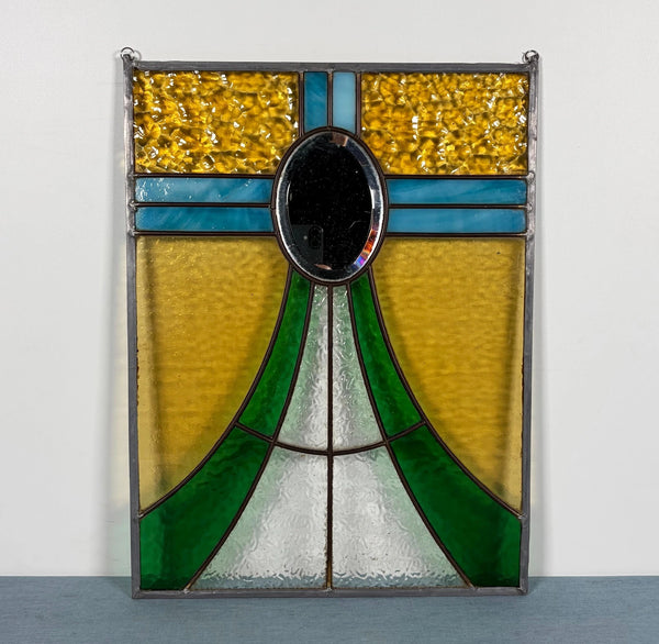 18" Tall Antique French Stained Glass Panel with Leaded Glass, Window, Hanging