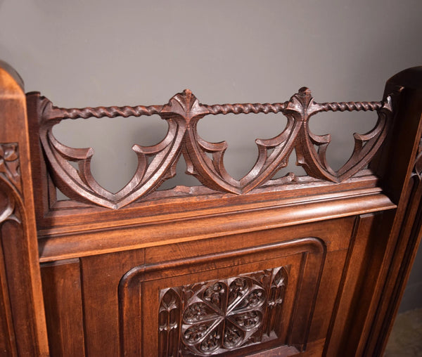 74" Long French Antique Neo Gothic Day Bed Solid Walnut with Green Silk Cushions