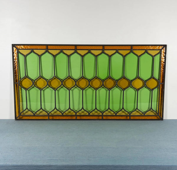 45" Wide French Antique Stained Glass Window Panel with Green & Yellow Glass