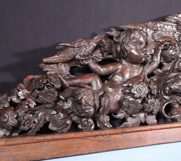 62" Wide XL Antique French Solid Oak Wood Highly Carved Crest with Bird