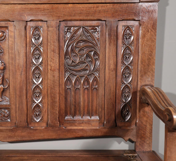 Antique French Gothic Revival Walnut Wood Bench/Settee/Chair Highly Carved