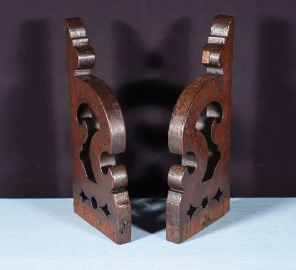 Pair of 12" Wide French Antique Solid Oak Wood Brackets Trim Pieces